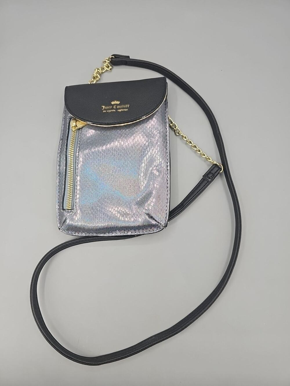 Juicy Couture Black Cellie Crossbody Bag Purse. Shiny Snake Print Purse